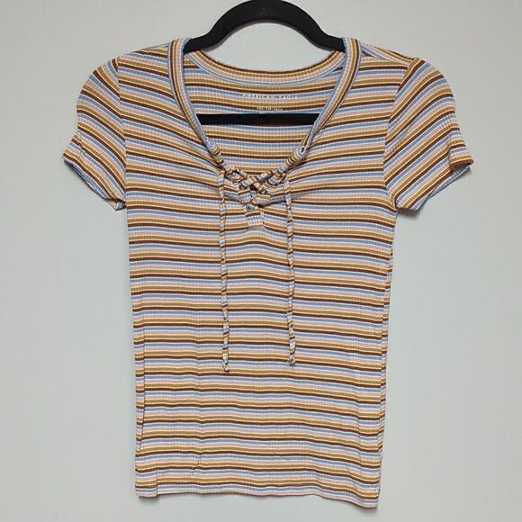 American Eagle Striped V Neck Blouse - Picture 1 of 6